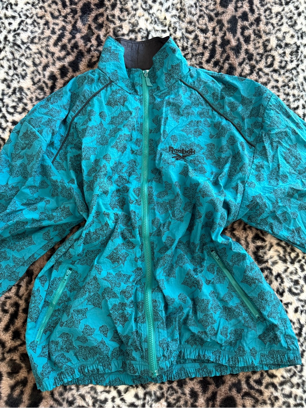 Reebok Teal and Black Abstract Star Windbreaker Jacket
